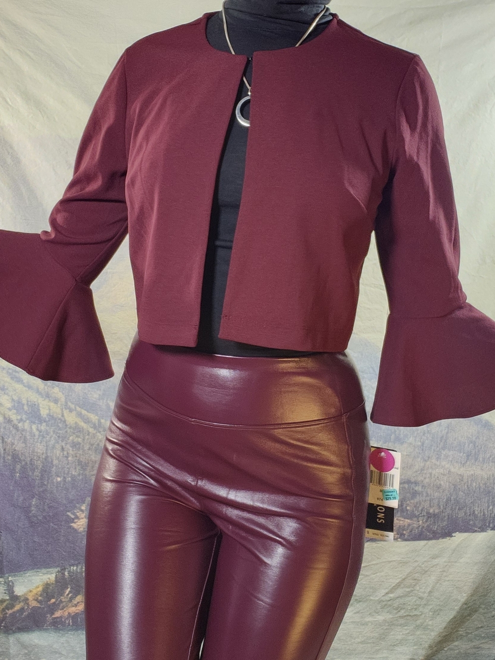 Vintage Wine Red Crop Cardigan Jacket Topper Bell Ruffle Sleeves Small S